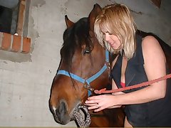 Blonde exalt to lady-love by horse and sucking huge dick
